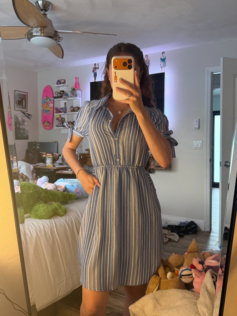 Monteau Blue and White Striped Midi Shirt Dress